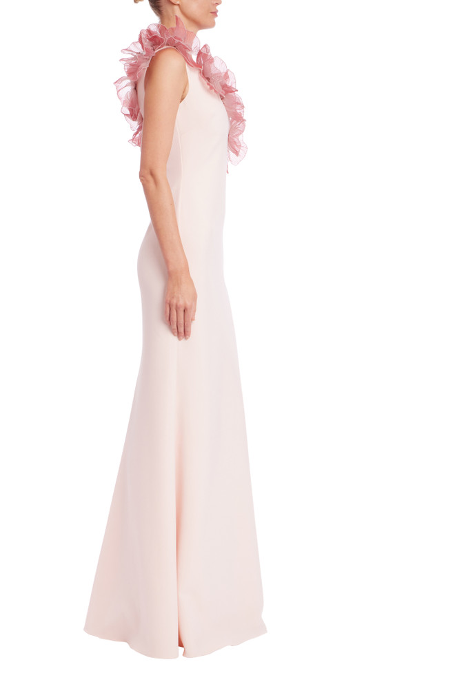 Badgley Mischka 3D Floral One Shoulder Crepe Gown