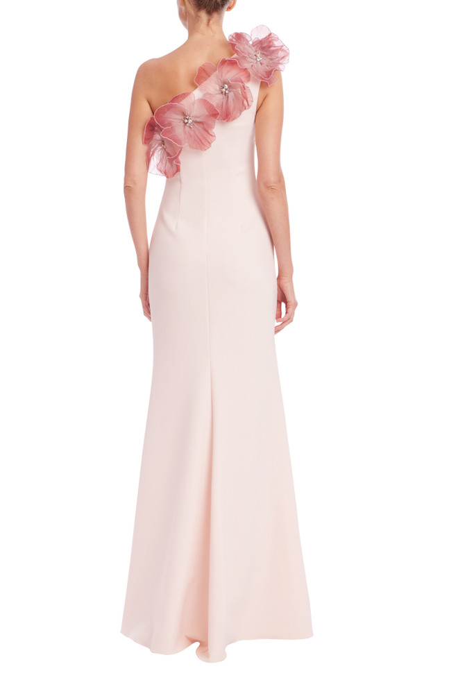 Badgley Mischka 3D Floral One Shoulder Crepe Gown