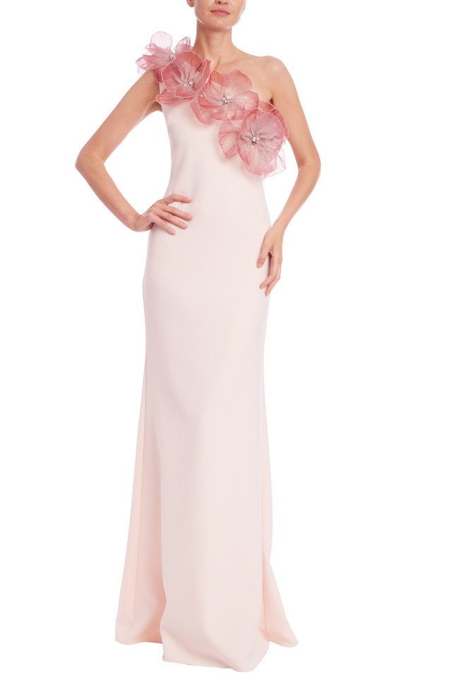 badgley mischka 3D Floral One Shoulder Crepe Gown