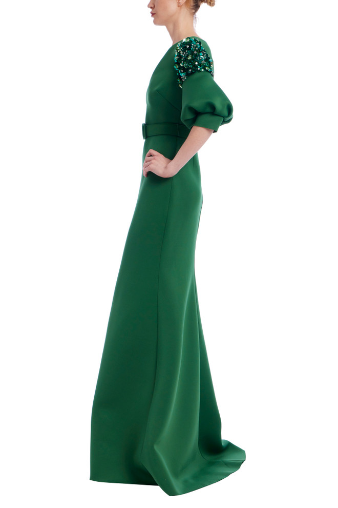 Badgley Mischka Belted Elbow Sleeve V-Neck Gown