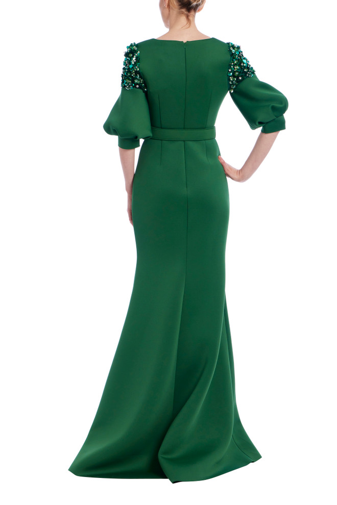 Badgley Mischka Belted Elbow Sleeve V-Neck Gown