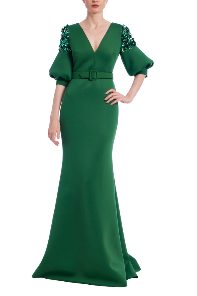 badgley mischka Belted Elbow Sleeve V-Neck Gown