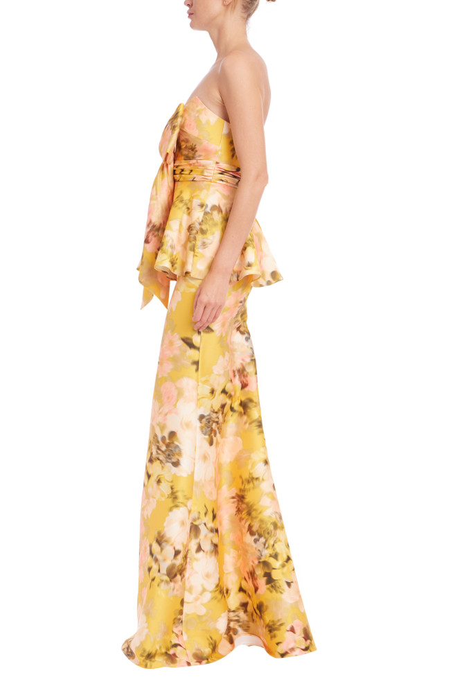 Badgley Mischka Bow Peplum Printed Gown