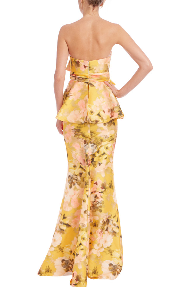 Badgley Mischka Bow Peplum Printed Gown