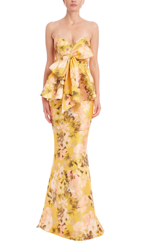 badgley mischka Bow Peplum Printed Gown