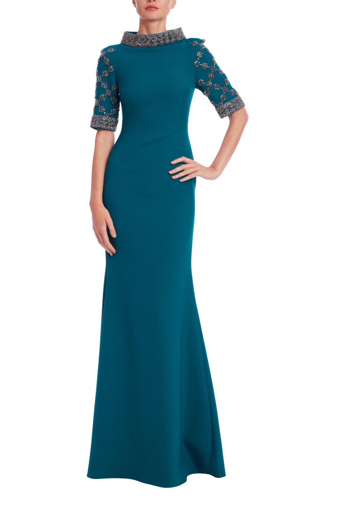 badgley mischka Embellished Mock Neck Collar Gown