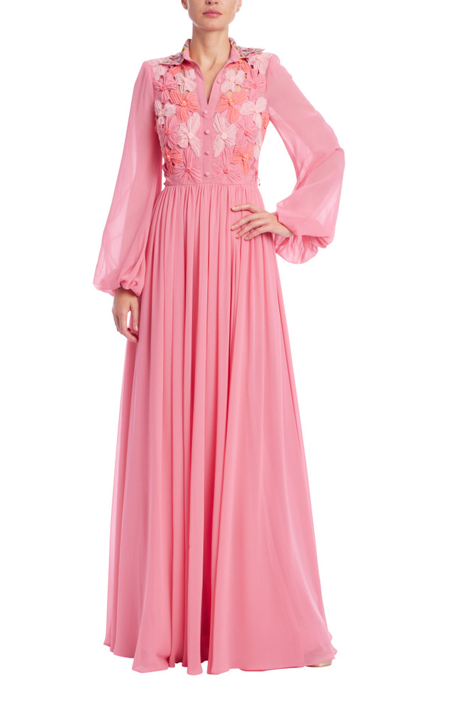 badgley mischka Floral Embroidered Shirt Gown