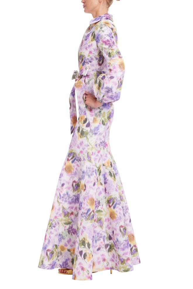 Badgley Mischka Floral Long Sleeve Shirt Gown