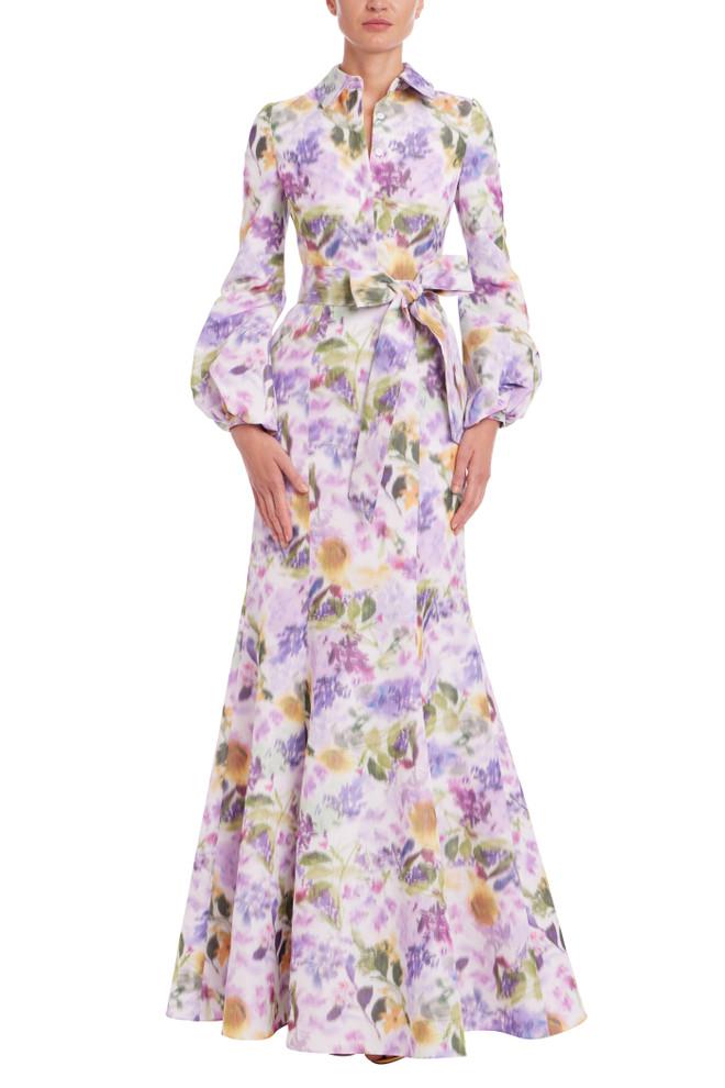 badgley mischka Floral Long Sleeve Shirt Gown