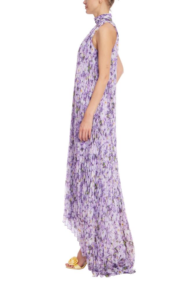 Badgley Mischka Floral Mock Neck Pleated Gown
