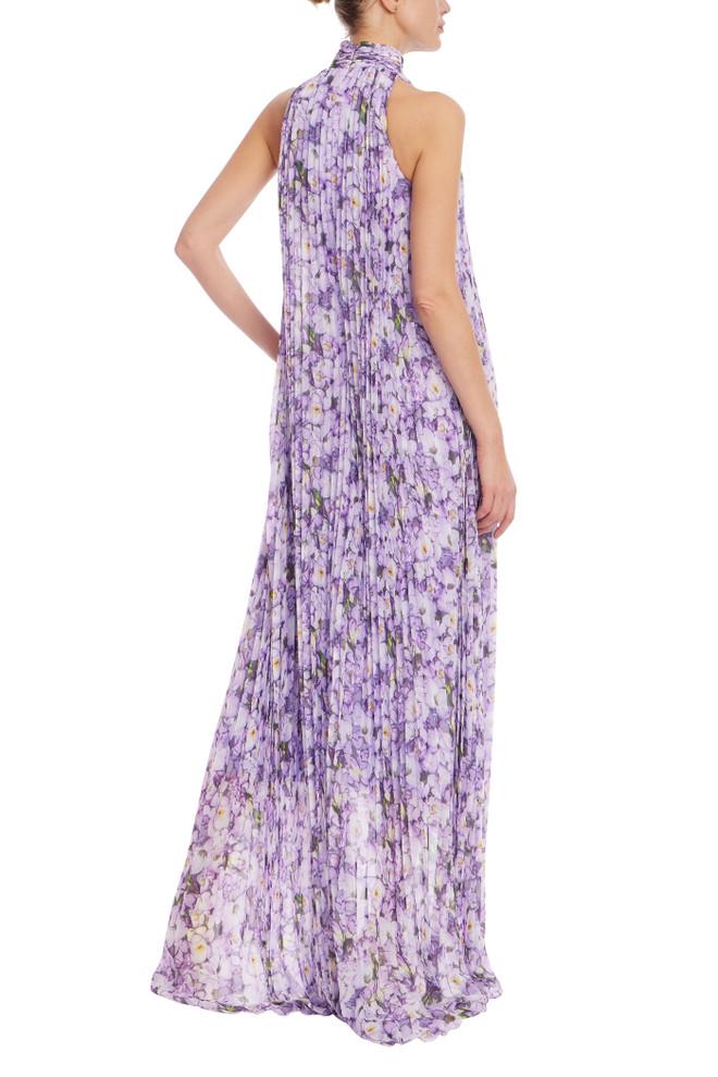 Badgley Mischka Floral Mock Neck Pleated Gown