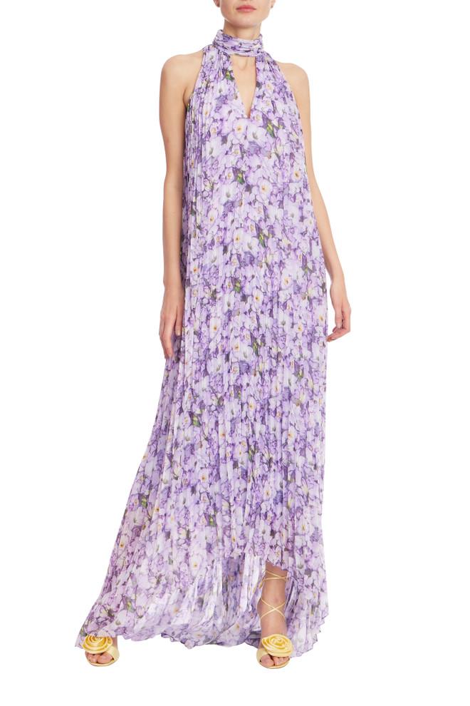 badgley mischka Floral Mock Neck Pleated Gown