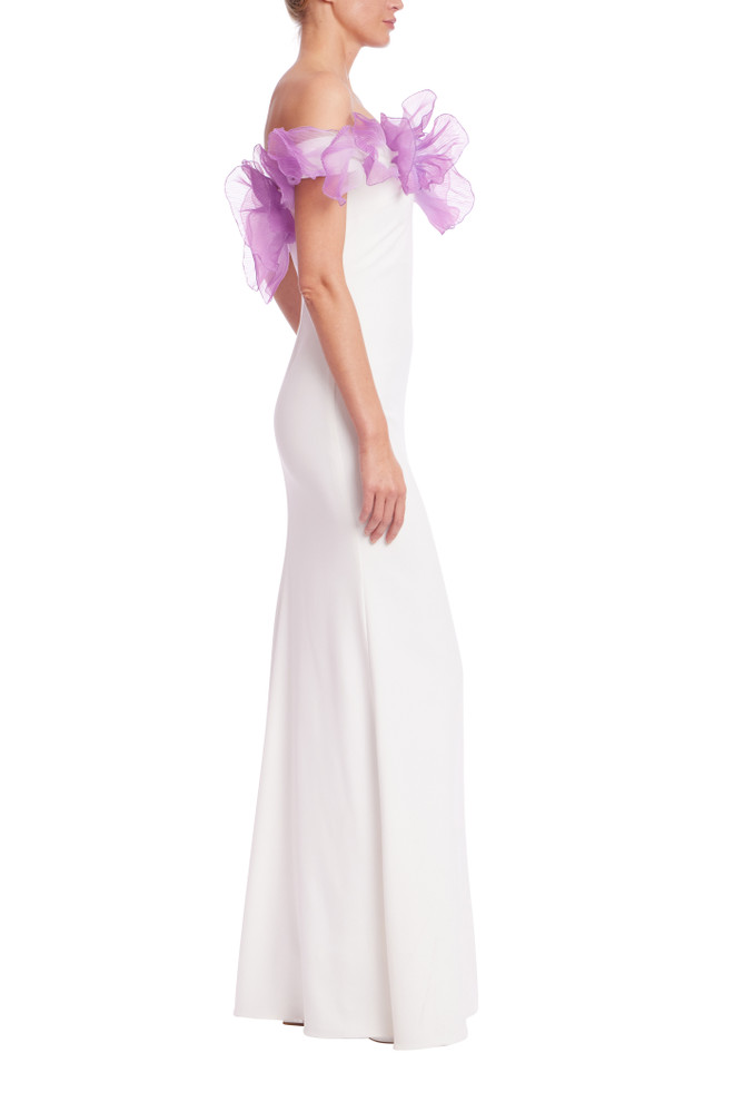 Badgley Mischka Off The Shoulder 3D Floral Gown