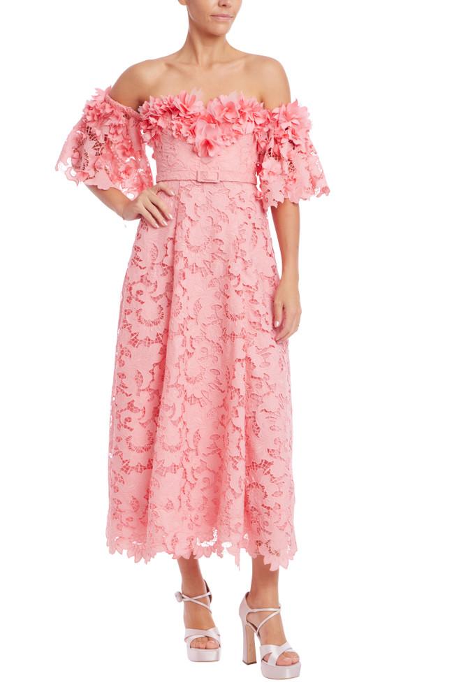 badgley mischka Off the Shoulder Lace Midi Dress
