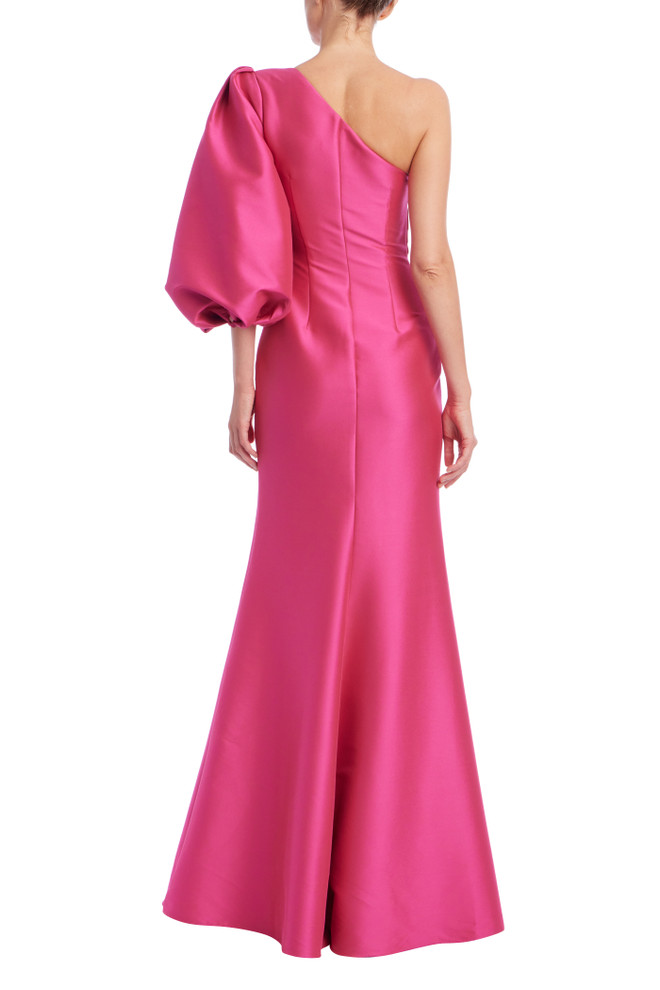 Badgley Mischka One Shoulder Balloon Sleeve Gown