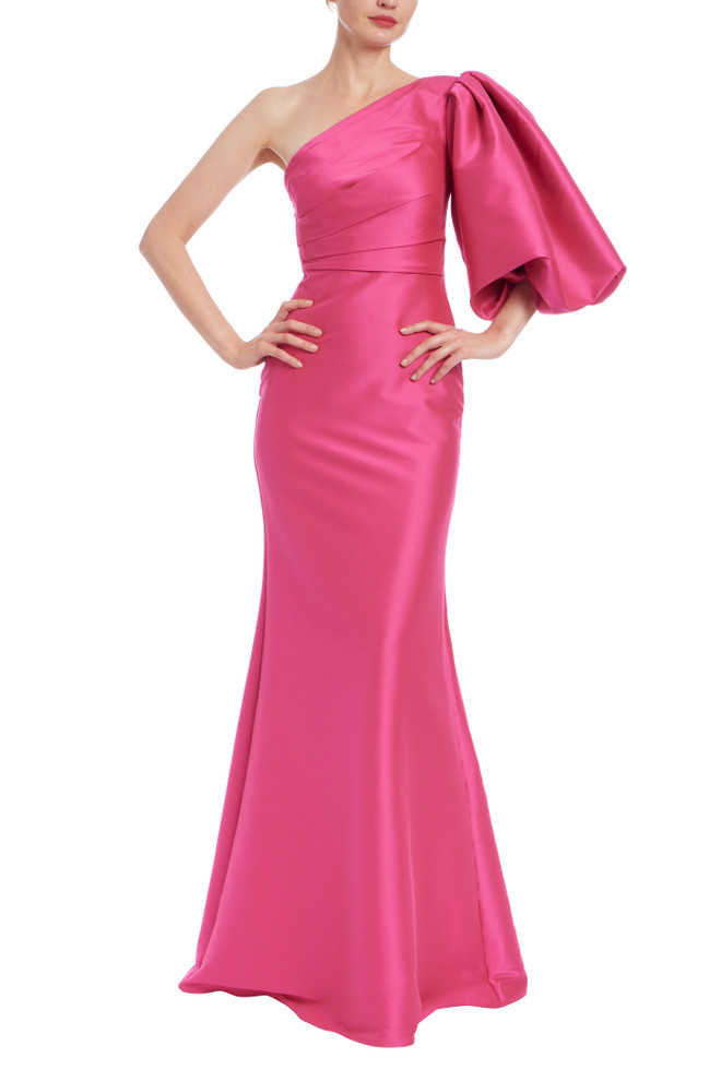 badgley mischka One Shoulder Balloon Sleeve Gown