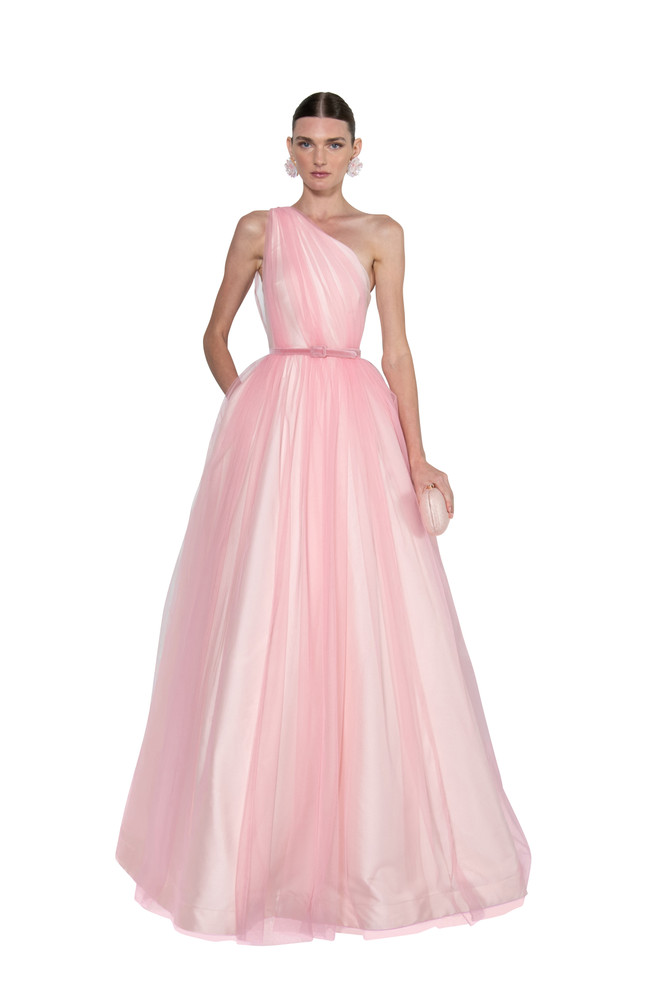 badgley mischka One Shoulder Tulle A-Line Gown