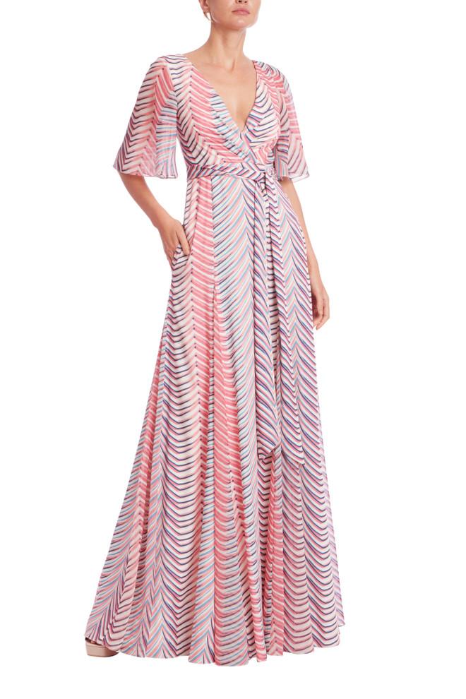 Badgley Mischka Printed Elbow Sleeve Wrap Gown