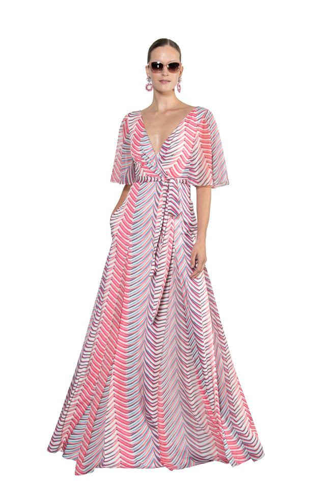 badgley mischka Printed Elbow Sleeve Wrap Gown