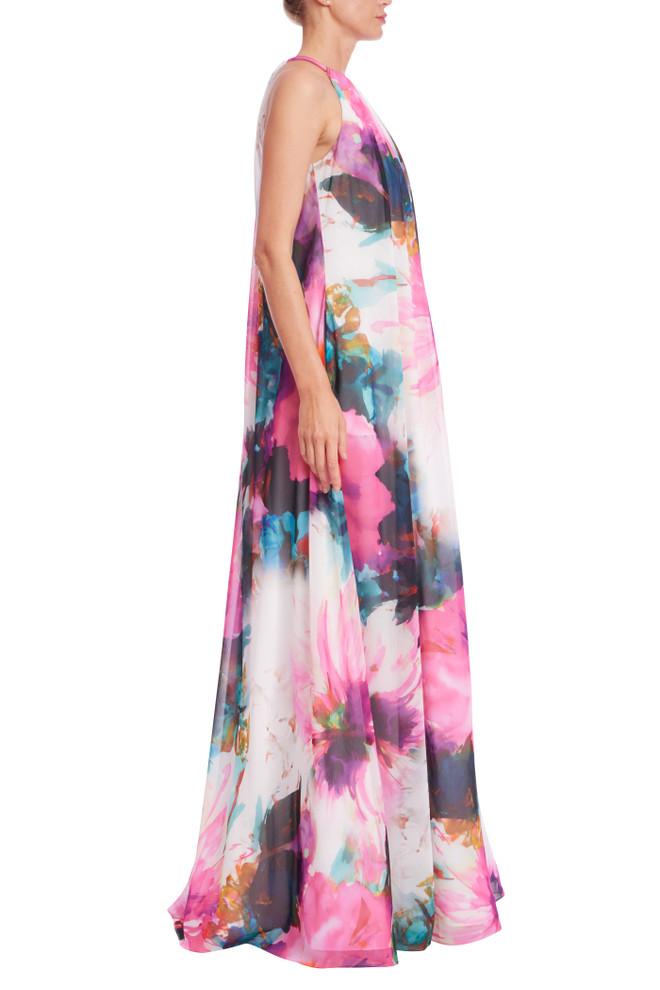 Badgley Mischka Racerback Printed Trapeze Gown