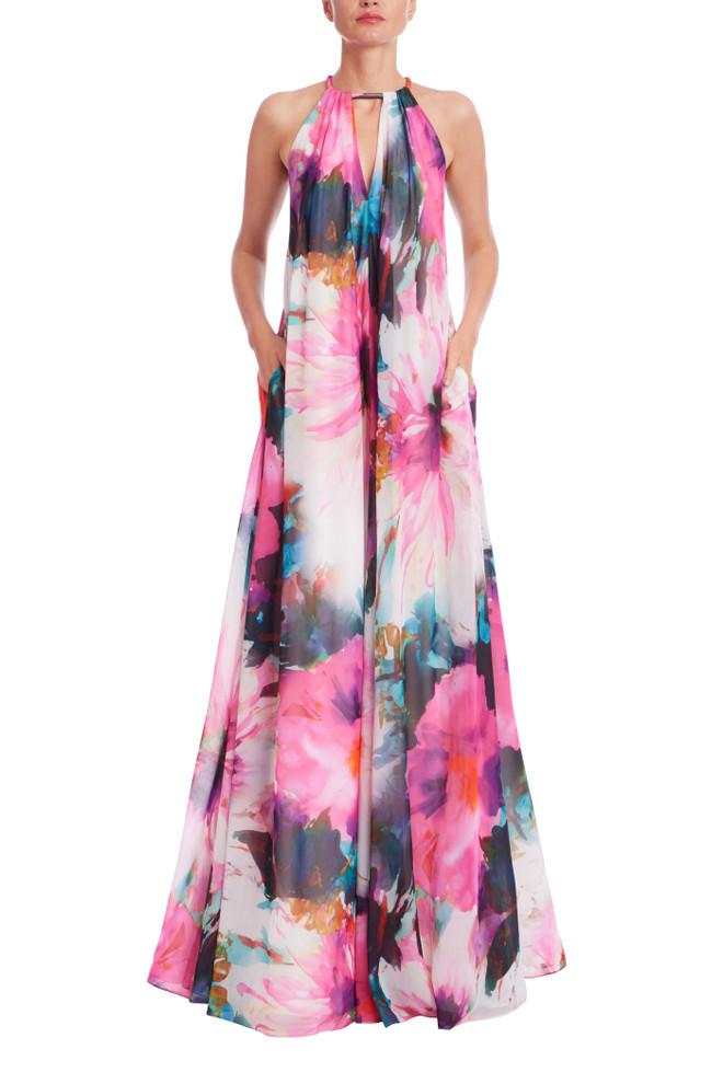 badgley mischka Racerback Printed Trapeze Gown
