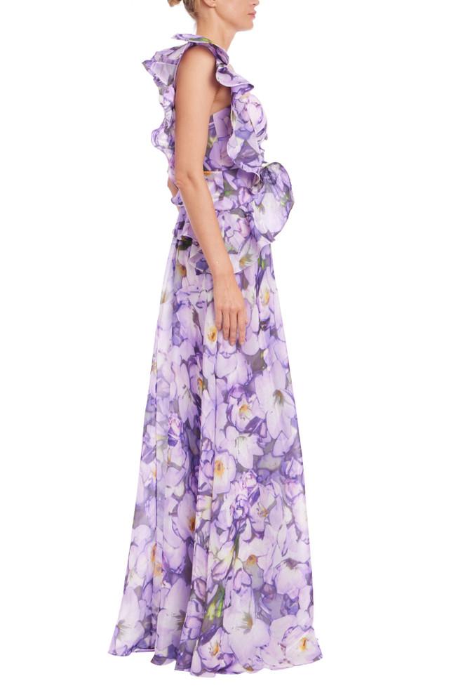 Badgley Mischka Ruffle One Shoulder Floral Gown