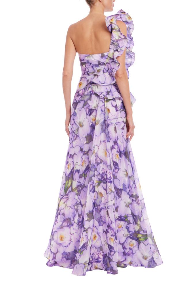 Badgley Mischka Ruffle One Shoulder Floral Gown