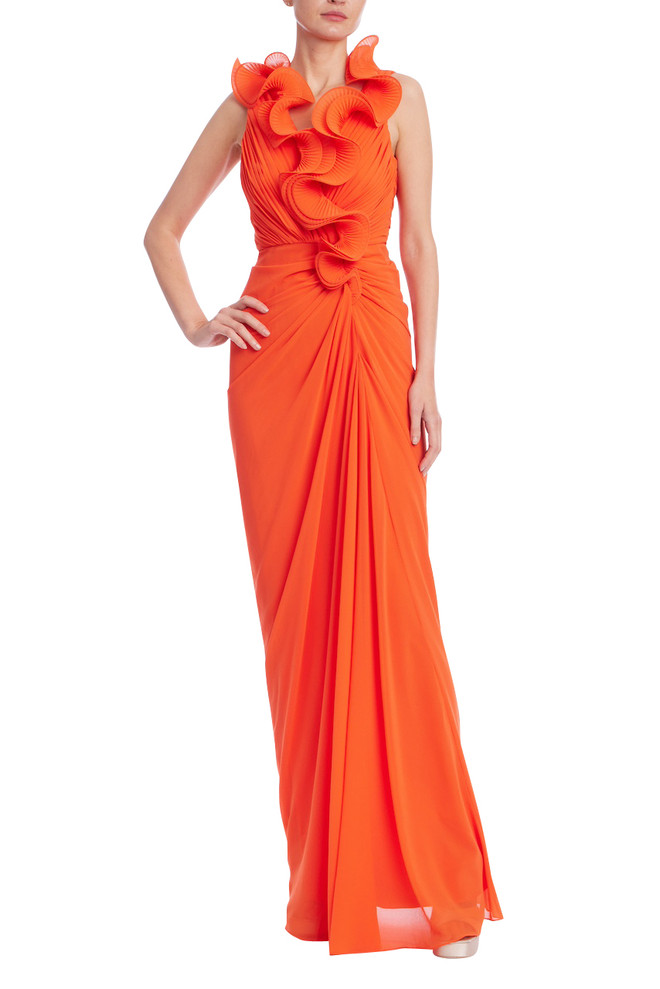 badgley mischka Sleeveless Ruffled Evening Gown