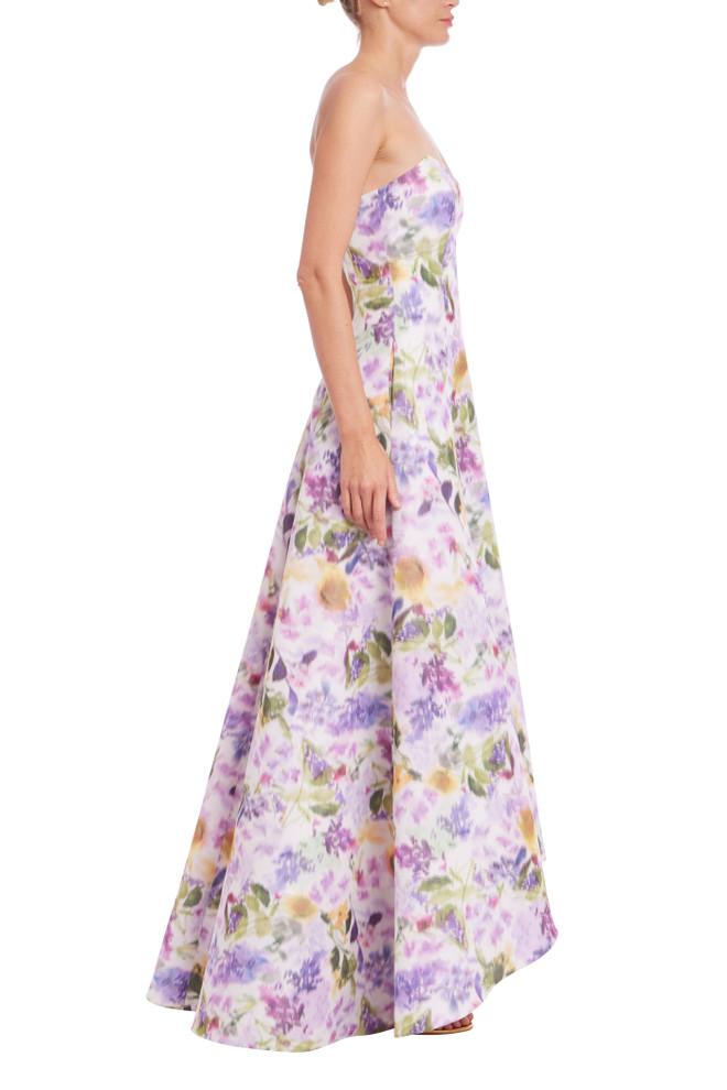 Badgley Mischka Strapless Printed High Low Gown