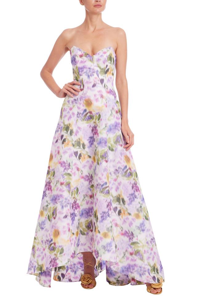 badgley mischka Strapless Printed High Low Gown