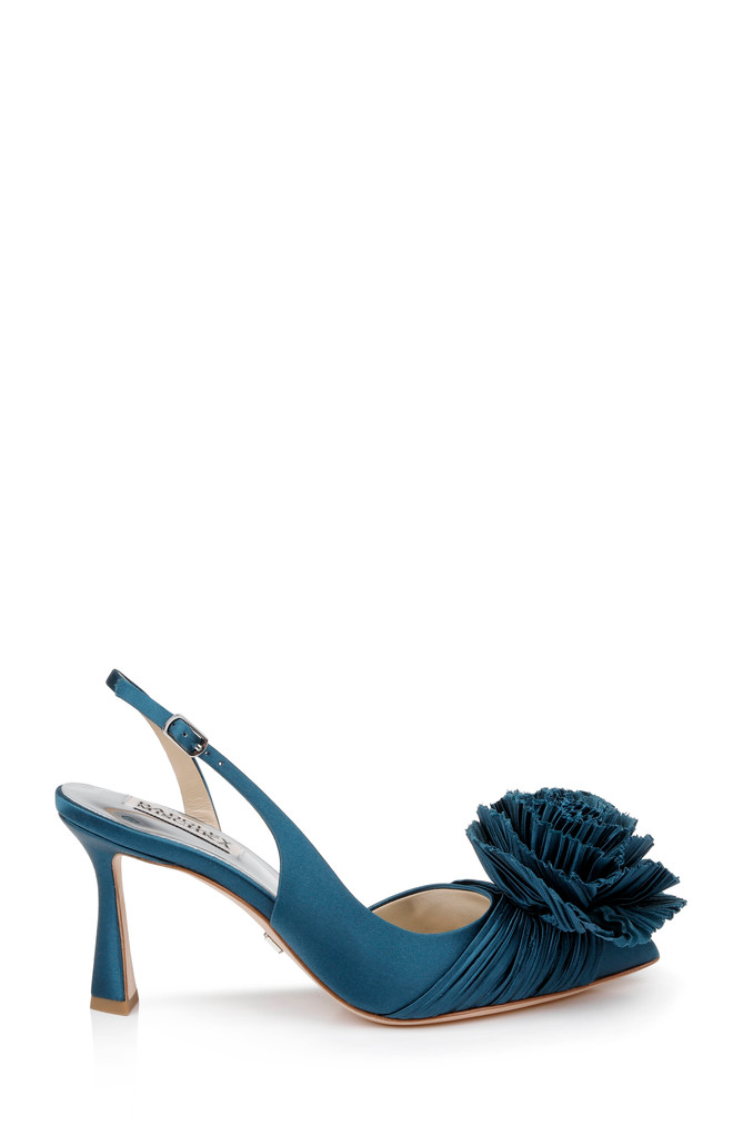 Badgley Mischka Blaire Pleated Satin Slingback Heels With Floral Detail