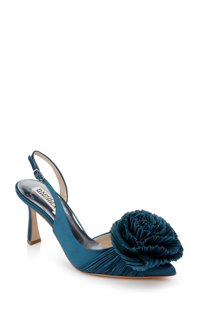 badgley mischka Blaire Pleated Satin Slingback Heels with Floral Detail