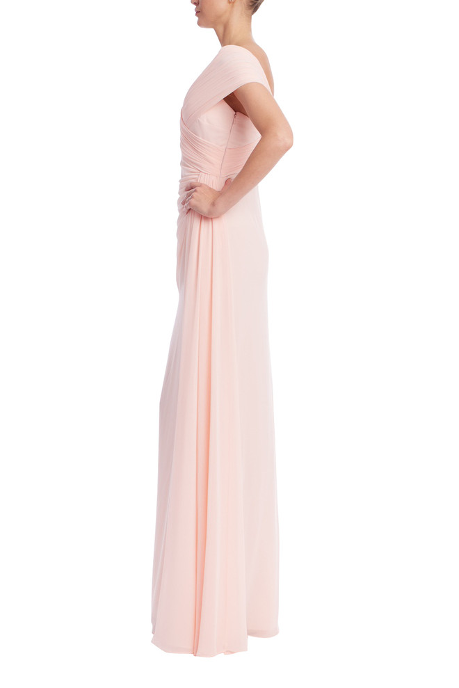 Badgley Mischka Blush Off-Shoulder Ruched Chiffon Gown