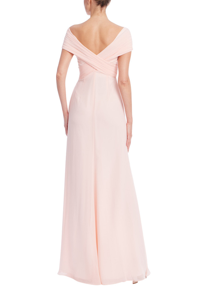 Badgley Mischka Blush Off-Shoulder Ruched Chiffon Gown