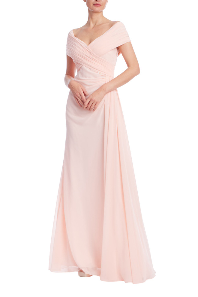 badgley mischka Blush Off-Shoulder Ruched Chiffon Gown