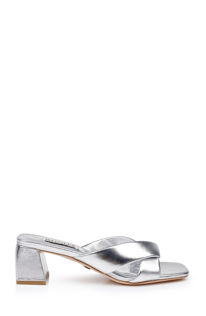 Badgley Mischka Briella II Metallic Crisscross Strap Block Heel Mules