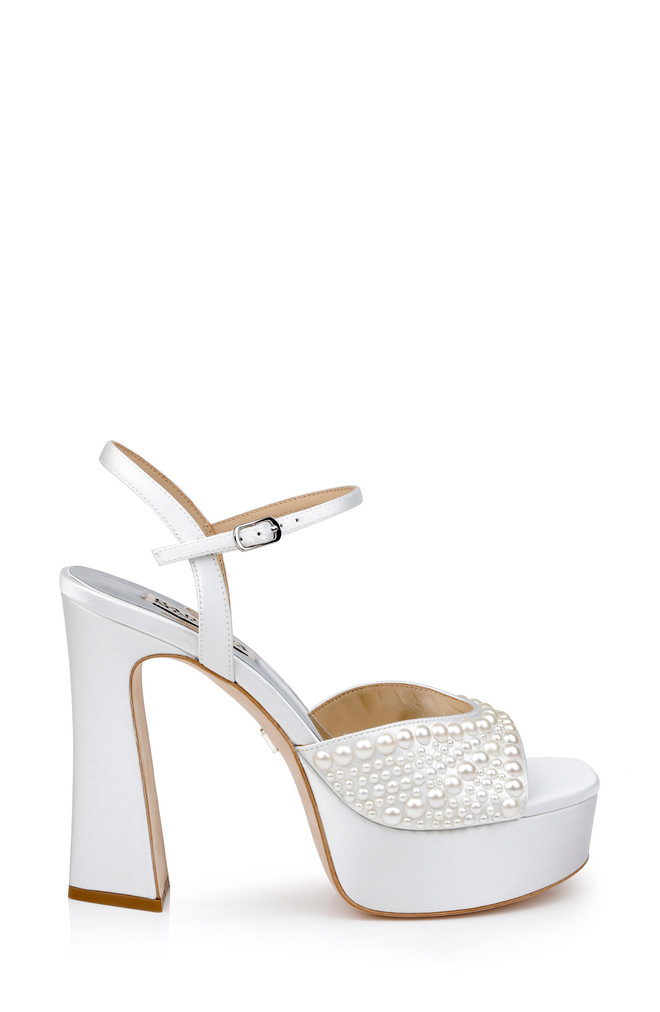 Badgley Mischka Bryleigh Satin Platform Block Heels With Bejeweled Vamp
