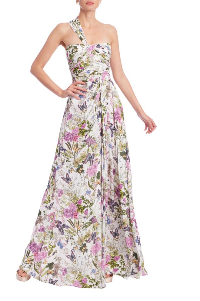 badgley mischka Butterfly Printed One Shoulder Gown