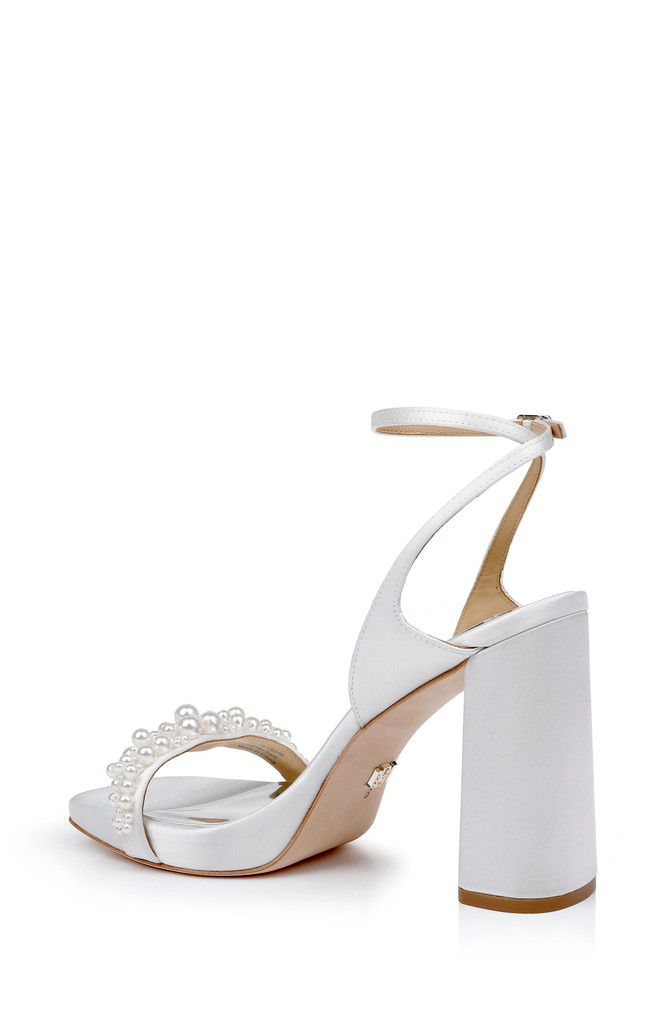 Badgley Mischka Calida Satin Block Heels With Pearled Vamp