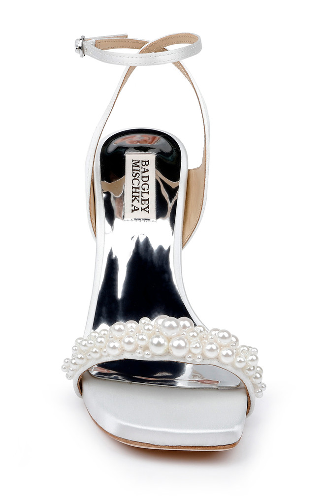 Badgley Mischka Calida Satin Block Heels With Pearled Vamp