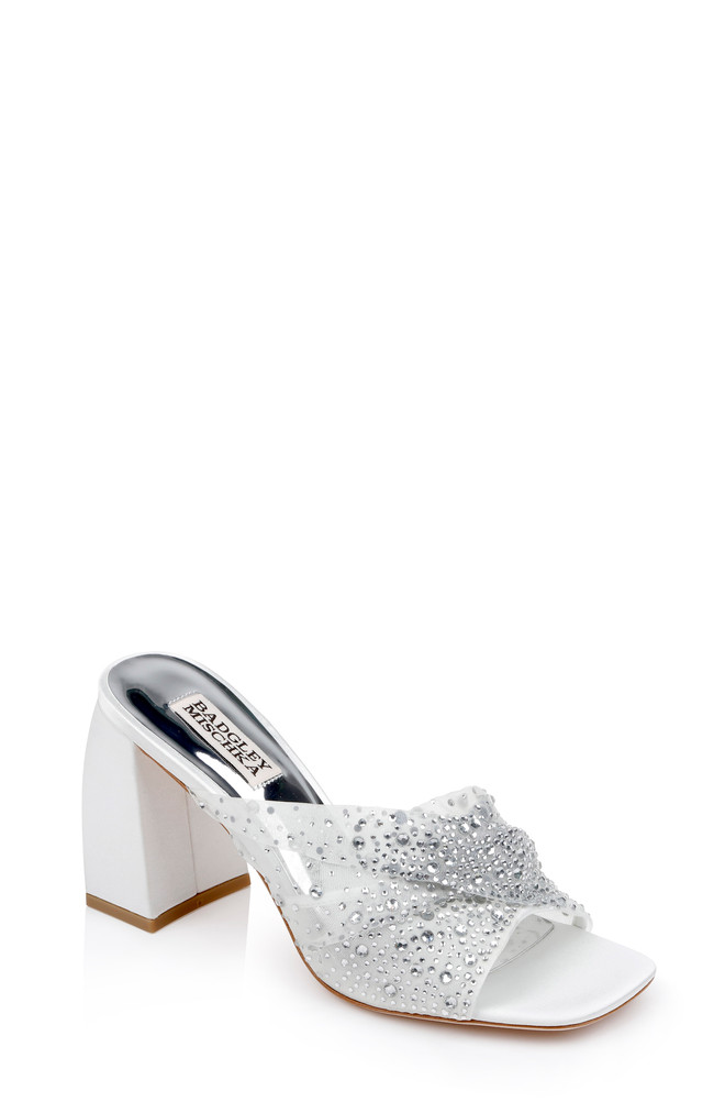 badgley mischka Camelia Crystal-Embellished Peep-Toe Mules with Block Heel