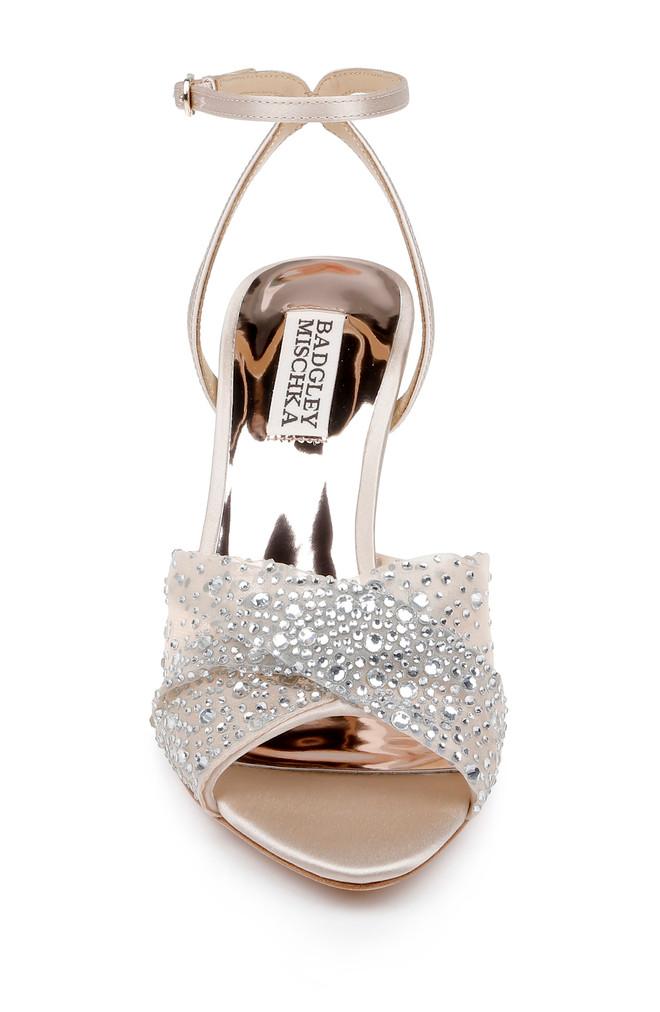 Badgley Mischka Cameryn Satin Peep-Toe Stiletto With Crystal-Embellished Mesh Overlay
