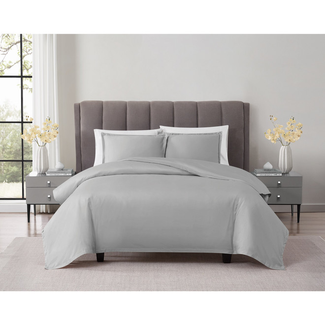 Badgley Mischka Cotton Sateen Grey 3 Piece Duvet Set