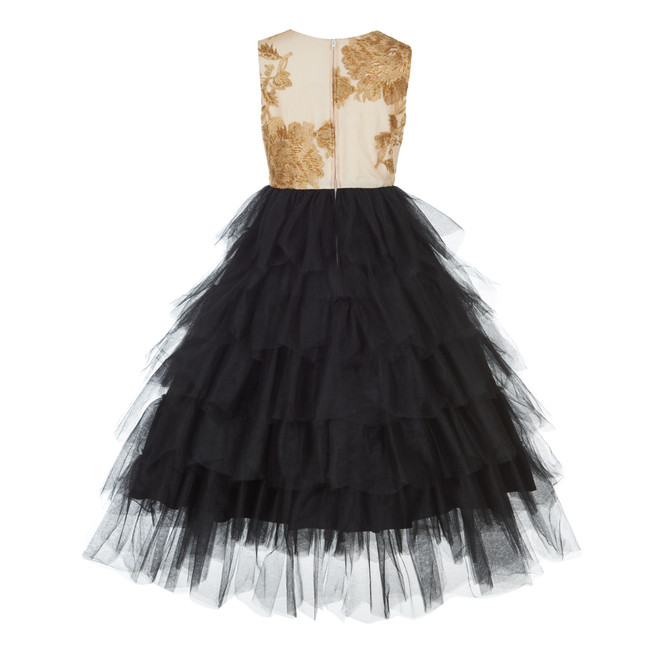 Badgley Mischka Gold Embroidered Bodice Tulle Dress (Size 7-14)