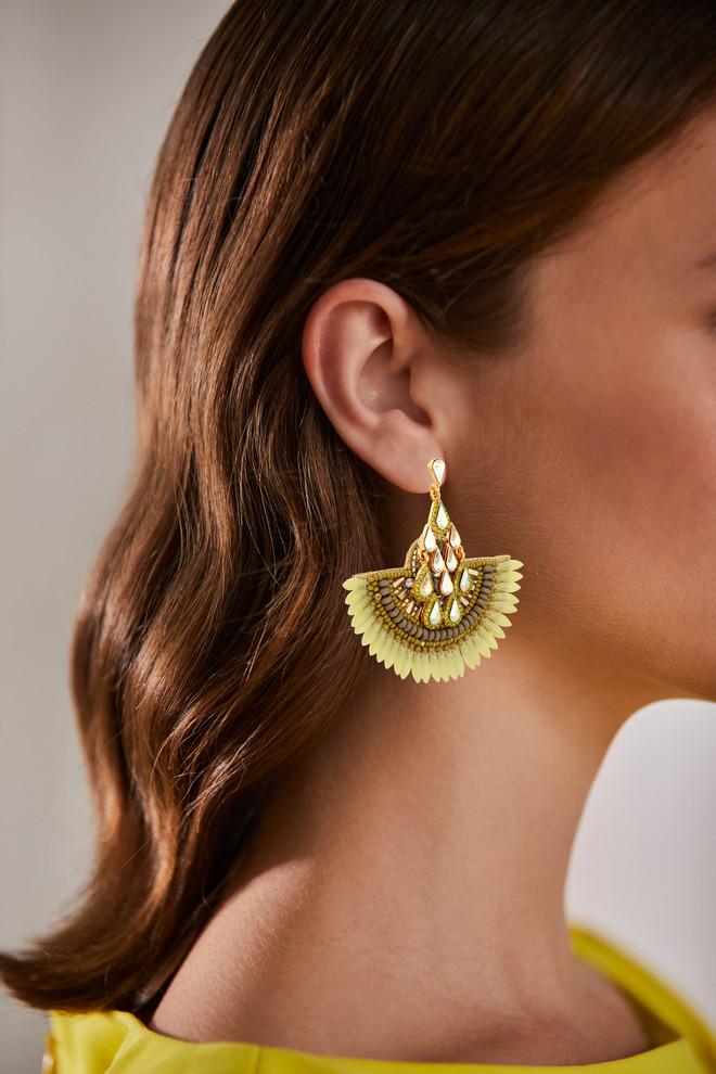Badgley Mischka Golden Seed Beads And Sequin Fan Earrings