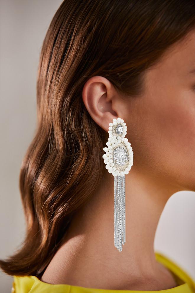 Badgley Mischka Handcrafted Fringe Earrings With Beaded Cluster And Crystal Accents