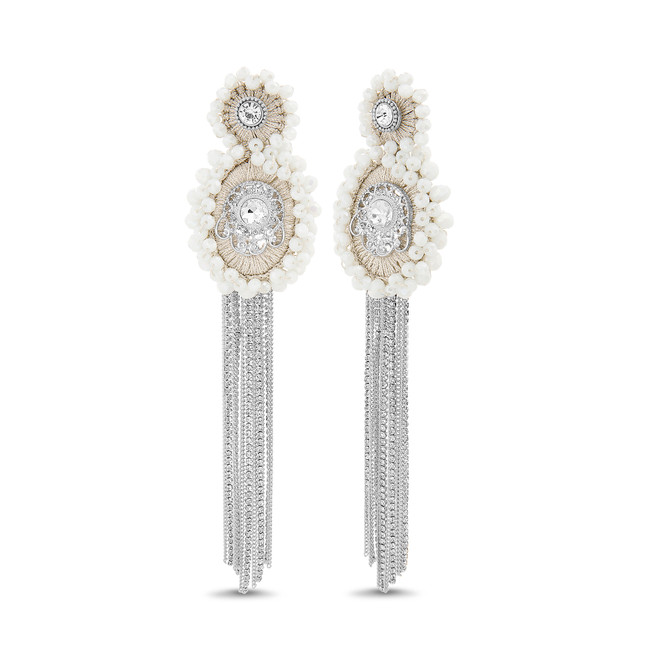 badgley mischka Handcrafted Fringe Earrings with Beaded Cluster and Crystal Accents
