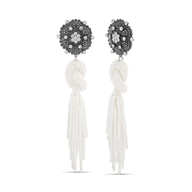 badgley mischka Intricate Post Earrings with Knotted Seed Bead Tassel