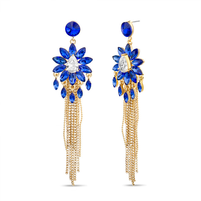 badgley mischka Linear Floral Cobalt Fringe Earrings