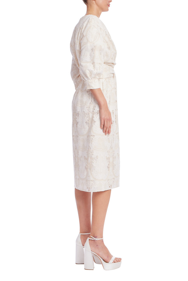 Badgley Mischka Quarter Sleeve Ivory Jacquard Wrap Midi Dress